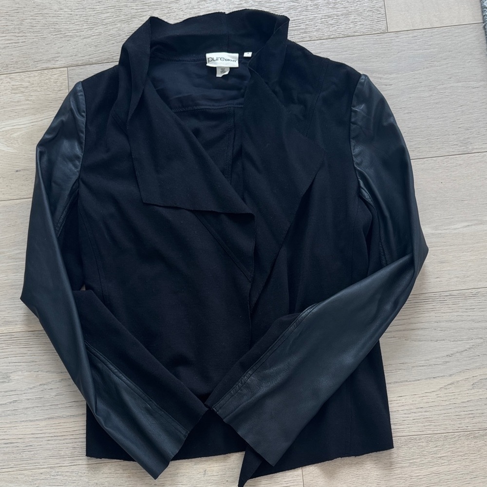 DKNY Black Blazer with Lamb Skin Leather Sleeves